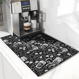Funny Coffee Print Coffee Mat 12"x19", Absorbent Anti-Slip Coffee Bar Mat for Countertops Fit Under Coffee Maker Coffee Machine, Dish Drying Mat for Kitchen Counter