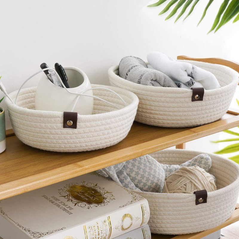 3 Piece Cotton Rope Woven Storage Basket Set Round Cotton