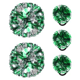 Hooshing 5PCS Cheerleading Pom Poms Green and Silver Cheerleader Hair Ties Pompoms for Basketball Football Sports Team Spirits Birthday Festivals Party Adults Kids