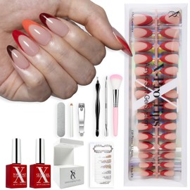 SXC Cosmetics X-Pro Tips French Tip Press on Nails – French Red Edition (RED115KIT-M Almond)