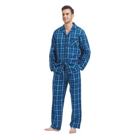 kolipajam Men's 100% Cotton Flannel Pajama Set Yarn Dyed Cozy Bottom with Pockets Drawstring waistband Winter PJs for Men