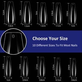Fake Nails, Pack of 500 Nail Tips for Gel Nails, 10 Sizes, Full Cover Nail Tips, Transparent, Artificial Nails for Nail Salons and DIY Nail Art, Long Ballerina