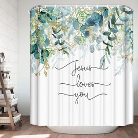 Wathon Bible Verse Botanical Shower Curtain, Christian Scripture Jesus Loves You Quote Bath Curtains Green Leaves Bathroom Shower Curtain Set, Floral Christian Faith Bath Curtain with Hooks 72X72IN