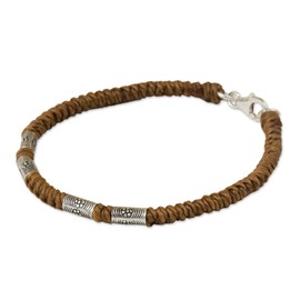 NOVICA Artisan Handmade Silver Accent Wristband Bracelet 950 Braided from Thailand Fine Sterling No Stone Brown Warm Taupe Hill Tribe [7.75 in L 4 mm W] ' Simply Happy in Tan'