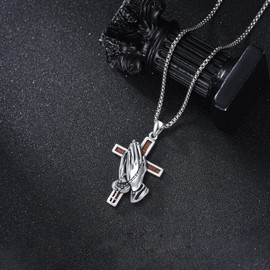 ONEFINITY Serenity Prayer Cross Necklace 925 Sterling Silver Woodwn Praying Hand Pendant Necklace Praying Hand Christian Jewellery for Men Women