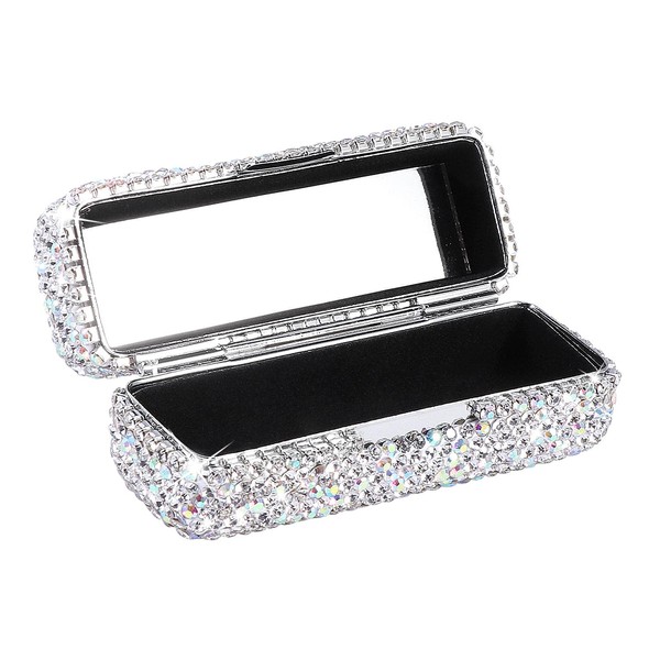 CALIDAKA Estuche de vidrio para pintalabios con diamantes de imitación brillantes, organizador de lápiz labial portátil con espejo, brillante, bolsa de almacenamiento de maquillaje