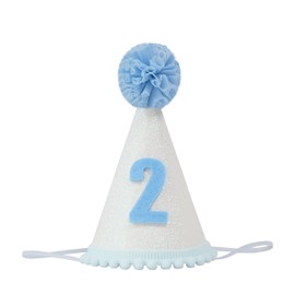GORNZX Birthday Party Hat, White Glitter with Blue Number 2, Blue Pom Pom Decoration