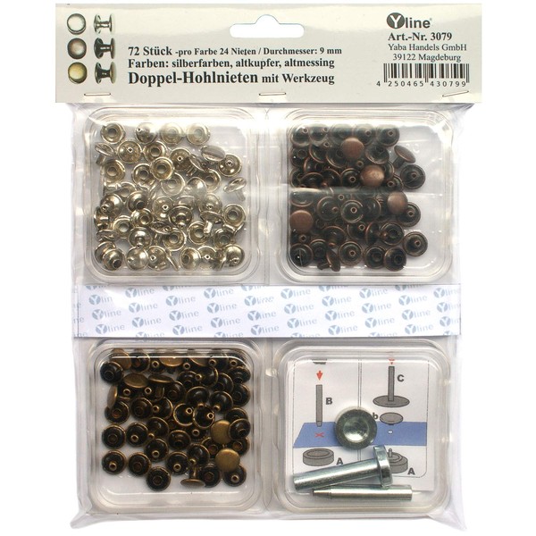 Yline Assortment of 72 Rivets 9 mm Silver Antique Copper