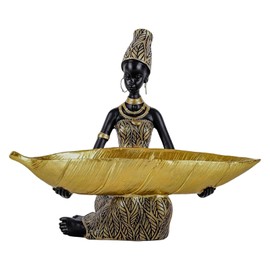 XIYOUQI African Tribal Lady Holders Figurine - Resin Gold Statue for Home Decor, Shelves, TV cabinets, Tabletop, Living Room, African Woman Sculpture for Entryway Key Bowl, Jewelry Holder or Gift