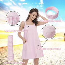 Hysunland Plus Size Towel Wraps for Women with Straps, Pink Plus Size Shower Wrap Towel with Pockets, Quick Drying Lightweight Wearable Bath Towel for Pool Beach Dorm