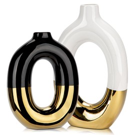 Black and White Vases 2pcs Donut Vase Hollow Ceramic Vases for Flowers Pampas Boho ins Style Modern Decorative Vases for Home Decor Living Room Office Bedroom Bathroom Dinner Wedding Table Party