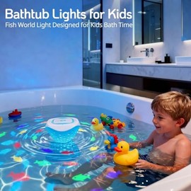 cambk Waterproof Bathtub Light for Kids, Battery Operated Fish Bath Lights for Tub & Bath Time, Color Changing Mood Lighting with Fish World Light Show