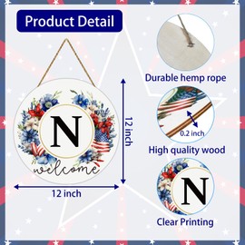 Patriotic Decorations Monogram Letter N 4th of July Wreaths for Front Door Wreath Wooden Welcome Sign for Front Door Decor Last Name Initial Fourth of July Memorial Day Porch Wall Home Kitchen Decor