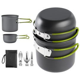 Camping Kochgeschirr Set, Camping Geschirr Set mit Faltbare Besteck, Camping Topf aus Aluminium, Outdoor Kochgeschirr 1-2 Personen, Tragbar Campinggeschirr, Mini Picknick Topf, für Wandern, Angeln