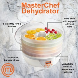MasterChef Food Dehydrator w 5 Trays and Digital Temperature Controls-Dehydrating Machine w Recipe Guide-8L Capacity-BPA Free, Healthy Snacks, Dry Fruits, Veggies, Beef Jerky-Fall Holiday Gift Party