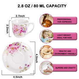 GuangYang 12 Pieces (Tiny Style) Espresso Cups and Saucers，2.5 ounce/80ml，Set of 6,Mini Premium Porcelain Coffee Cup Set, Fancy Flower Pattern Design