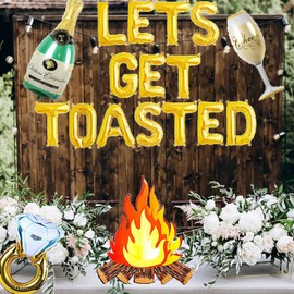Letromp Camp Bachelorette Party Decorations Gold Let's Get Toasted Balloons Happy Camper/Weekend In The Woods/Lake Hiking/Mountain/Camping Themed Engagement Bridal Shower Party Supplies Decorations