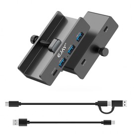 EJAY Mountable 4Ports USB3.0 HUB Alu Desktop Clamp Type C USB3.0 Splitter for Desk/Monitors with Extra Power Supply Port,59inches Data & 39inches Power Cables-5Gbps(3A1C) (JK-3A1C-BK)