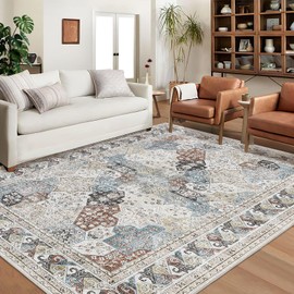 MilleLoom 5x7 Area Rugs Machine Washable Rug Stain Resistant Non-Shed Carpet Lightweight Vintage Print Vintage Floor Cover, Low Pile Mat for Living Room Bedroom,5x7