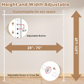 Bonpally Room Divider Curtain Rod, No Drilling Room Separator for Space Partition, 4-10ft (H) 28-70 inch(W) Adjustable Heavy Duty Temporary Wall Divider Floor to Ceiling Tension Rod, White