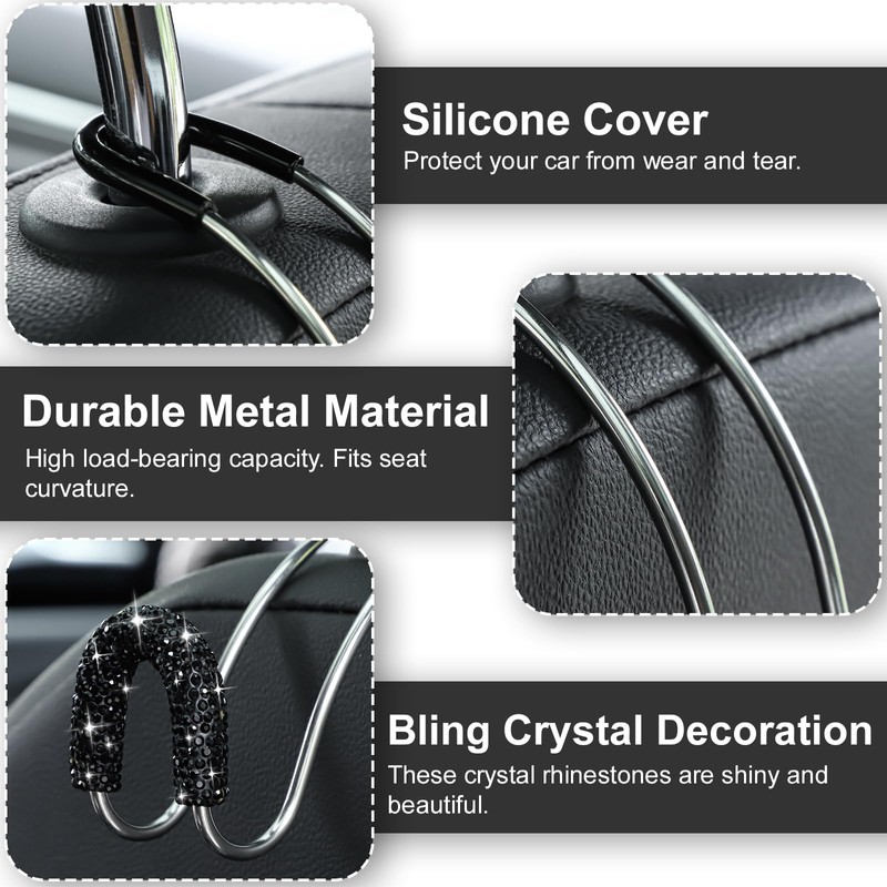 Soleebee 2 Pack Bling Car Headrest Hooks Crystal Rhinestones Universal