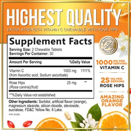 Vitamin C 1000mg Per Serving - Extra Strength with Rose Hips Bioflavonoids - Sugar Free Vitamin C Chewable Pills, Vit C Supplement for Immune Support & Antioxidant, USA Bottled - 60 Chewable Tablets