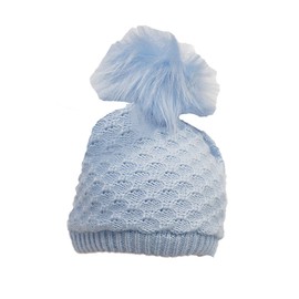 Baby Blue Boys Crochet Knit Bow Pom Pom Bobble Hat - Fully Lined (6-12 Months)