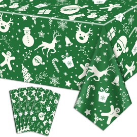 QUERICKY Christmas Tablecloths for Rectangle Table, 220x130cm Santa Claus Snowman Reindeer Snowflake Xmas Table Cover for Christmas Party Winter Events Decorations, Green, 4 Pack