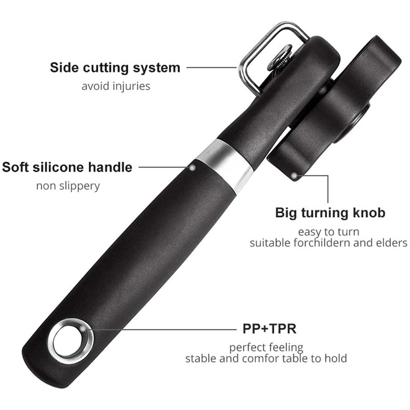 Safety can opener, stainless steel, ergonomic non-slip design with smooth