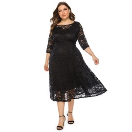 Odizli Women's Elegant 3/4 Sleeve Lace Dress Wedding Festive Cocktail Dress Evening Dress Large Sizes, black