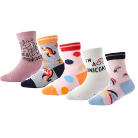 CHUNG Little Big Girls Cotton Socks Kids Toddler Crew Novelty Cat Pattern Fashion Cartoon Cute 5 Pairs Fun Animals,5 Unicorn Side, 9-12Y