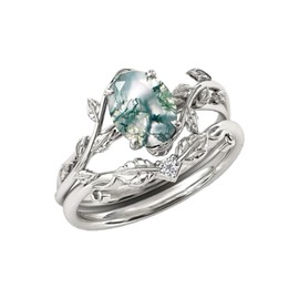DONGHU 1.5ct Oval Cut Natural Moss Agate Engagement Ring Set Sterling Silver White Gold Plated Inspired Leaf Ring Set Green Vintage Unique Bridal Wedding for Women Size 5