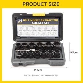 GIONAR 15 Pcs Impact Bolt and Nut Remover Set, Impact Bolt and Nut Extractor Socket Set with 1/4" to 3/8" Drive Hex Socket Adapter for Stubborn Sockets and Bolts, Extraction Set with 1 Screwdriver