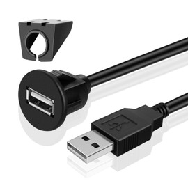 TNP USB Einbaubuchse Kabel - 1m, Kfz USB Einbau Buchse Kabel, USB Verlängerungskabel, runder USB Armaturenbrett Kabel, Stecker auf Buchse Adapter für Auto, LKW, Boot, Motorrad, schwarz