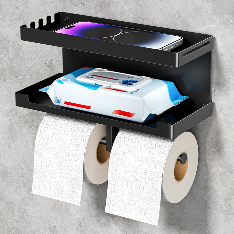 Toilet Paper Holder with Shelf Wall Mount, Adhesive Double Toilet