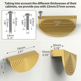 1PZ UKH-PH1 6 Pack Brushed Brass Gold Cabinet Handles 64mm Hole Center Drawers Cupboard Handles Gold Semicircle Pull Handles for Kitchen Bedroom Bathroom Furniture with Screws (Total Length 74mm)