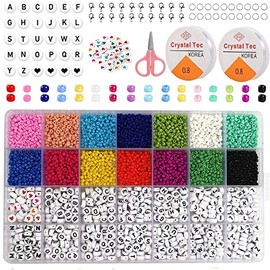 VASA NAMA Juego de 5800 Cuentas, Incluye 5100 Cuentas de Cristal de 3 mm y 700 Cuentas de Letras para Hacer Pulseras y Manualidades, 2 Rollos de Cuerda Elástica / Tijeras/ 20 Hebillas de Langosta / 20 Anillos