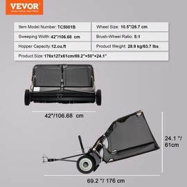 VEVOR Tow Behind Lawn Sweeper, Pull Behind Lawn Sweeper 50", 26 cu. ft Large Capacity Leaf & Grass Collector, with Adjustable Sweeping Height and Dumping Rope Design for Picking Up Debris and Grass Powerful Spinning:_Hand Push - 26 inch