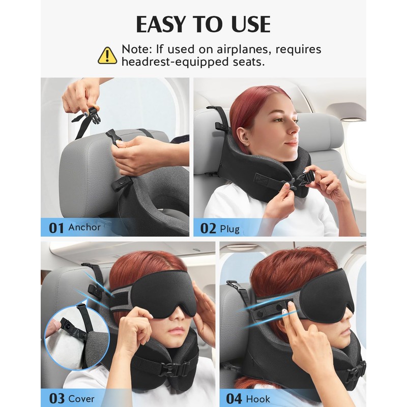 YFONG Travel Pillow for Long Flight Airplanes, Head Strap Combo