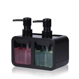 GINZER Dish Soap Dispenser for Kitchen Countertop with Sponge Caddy and Brush Holder - Refillable Non-Slip Dual Pump 4-in-1 Dispenser Soap Dispenser for Kitchen Sink, Essential Kitchen Gadgets – Black