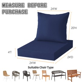 Outdoor Deep Seat Cushion Set,24x24 Inch Chair Cushions Set of 2,Rocking Chair Pad Fade Resistant Patio Cushions with Removable Cover Deep Seat Back Cushion with Straps for Chair Sofa Couch Navy