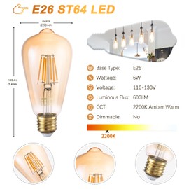 DiCUNO E26 Edison Bulbs 60W, 2200K Amber Warm, 6W LED Edison Bulb ST64, Amber Glass, Vintage Filament Light Bulbs for Decoration, 600LM, Non-Dimmable, CRI 80, Pack of 6