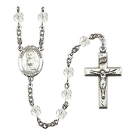 St. Daniel Comboni Silver-Plated Rosary 6mm April Crystal Fire Polished Beads Crucifix Size 1 3/8 x 3/4 medal charm