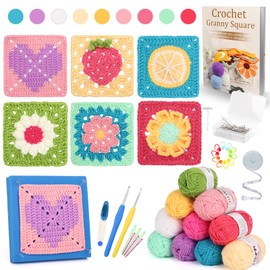 Reessy Crochet Kits for Beginners Adults Advanced, Floral & Fruit Pattern Granny Square Crochet Kit with Instruction Book 10 Yarn Balls, Beginners Crochet Kit for Adults Learn to Crochet Granny Square