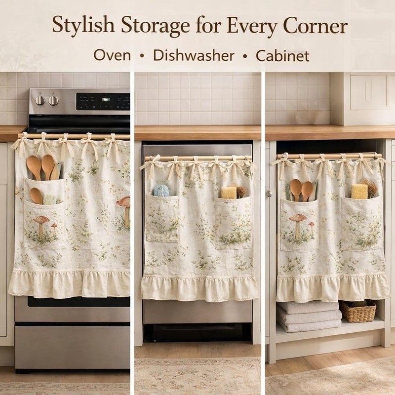 Bivpreom Oven Skirt with Pockets，Handmade Oven Curtain，Farmhouse Kitchen Decor Curtain