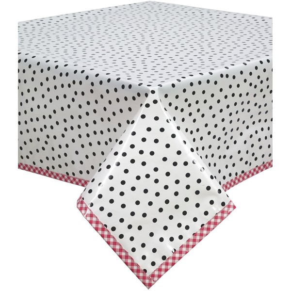 Dot Black Oilcloth Tablecloth with Red Gingham Trim You Pick
