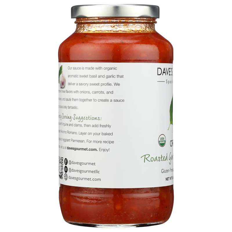 Dave's Gourmet Pasta Sauce, Organic Roasted Garlic and Sweet Basil,