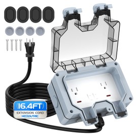 Outdoor Power Outlet Box with 16.4Ft Extension Cord, NEMA 5-15R, IP66 Waterproof Outlet Box 14AWG Wire Double Plug Socket with Lockable Cover & LED Indicator for Garden & Outdoor Use