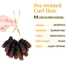QUEENTAS Short Crochet Hair for Black Women 3 Packs 10inch Brown Jamaican Bounce Crochet Synthetic Hair Extensions Braids Prelooped Curly Afro Twist Kinky Wand Jerry Curl 6MM(Natural Black/Brown)