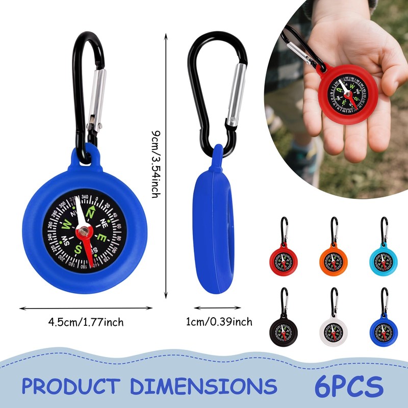 Pack of 6 Compass Children, Outdoor Compass with Carabiner Hook,